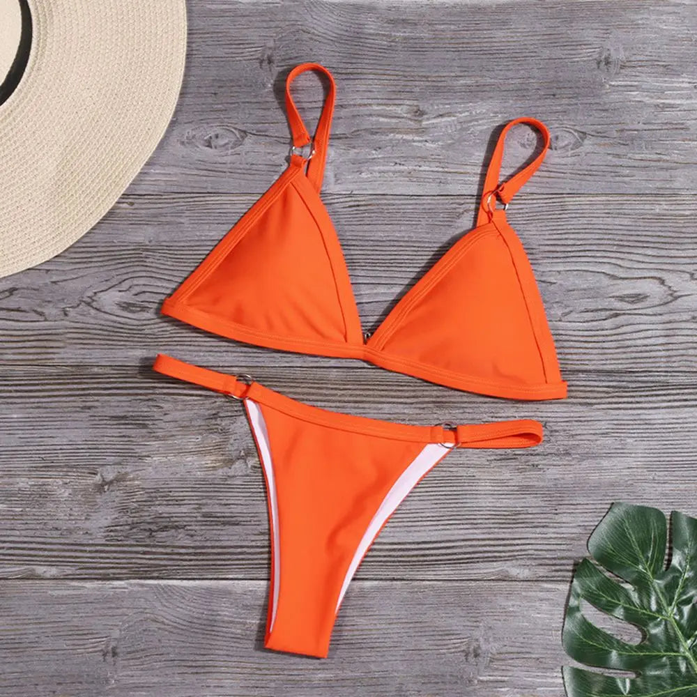 Vacation Woman Girl Solid Color Metal Buckle Sling Backless Split Swimwear Bikini Set Two Piece Swimsuit