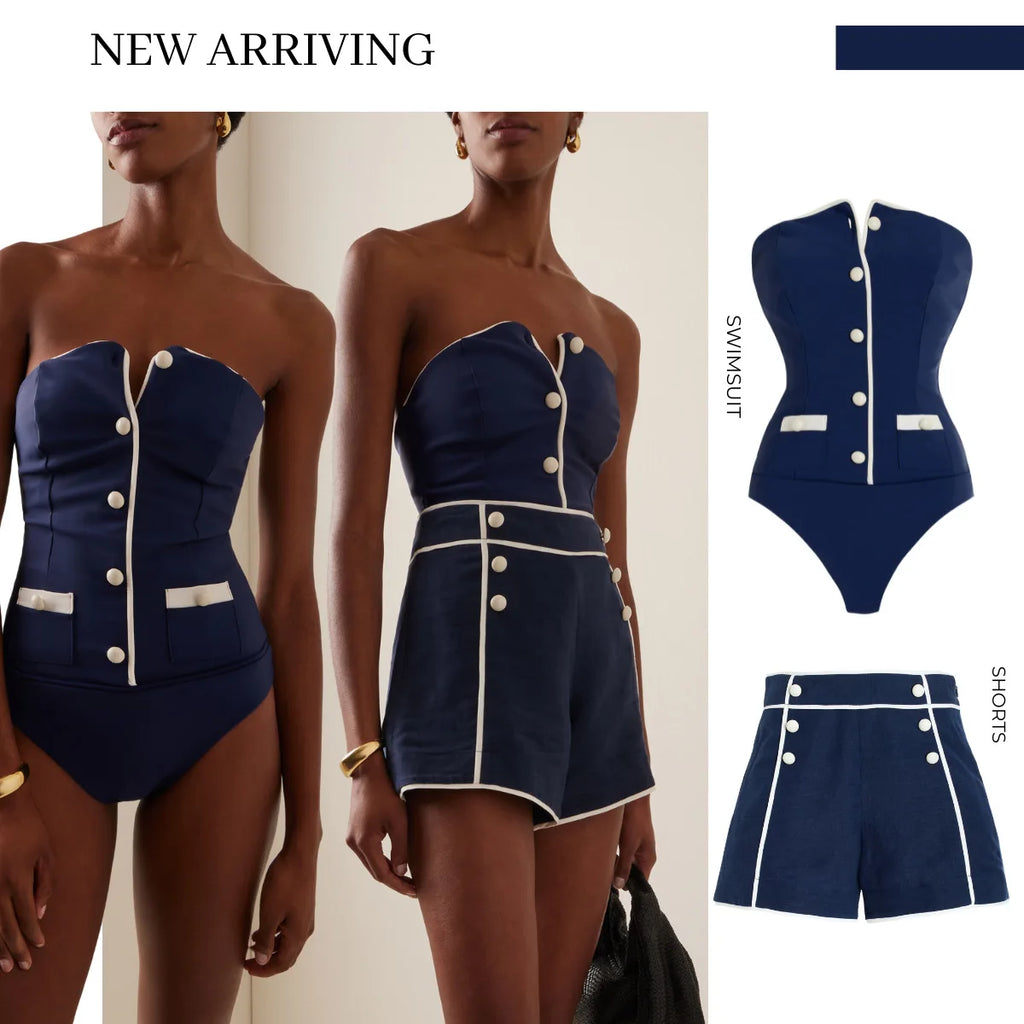 Women's Strapless One-Piece Swimsuit Set | With Shorts Two-Piece Beachwear