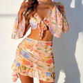 New Arrival Sexy Print Four Piece Bikini Set High Waist With Beach Skirt Long Sleeve Crop Top Swimwear Bikini Bathing Suit