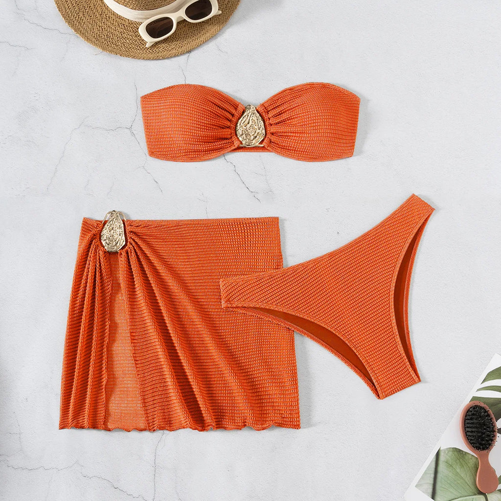 Women's 3-Piece Floral Push Up Bikini Set | Sarong Cover-Up Skirt Swimwear