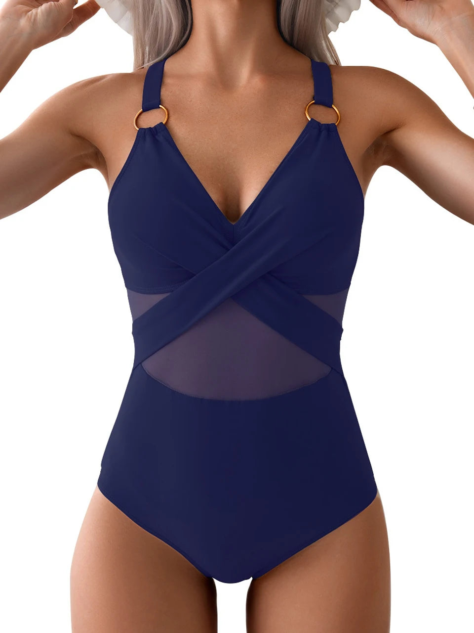 Women's Ruched One Piece Swimsuit - Plain Ring Link Design Swim Bodysuit for Beach