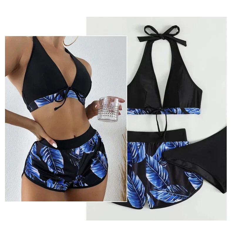 Leaf Print 3 Piece Bikini Set - Women's Sexy High Waist Swimsuit for the Beach