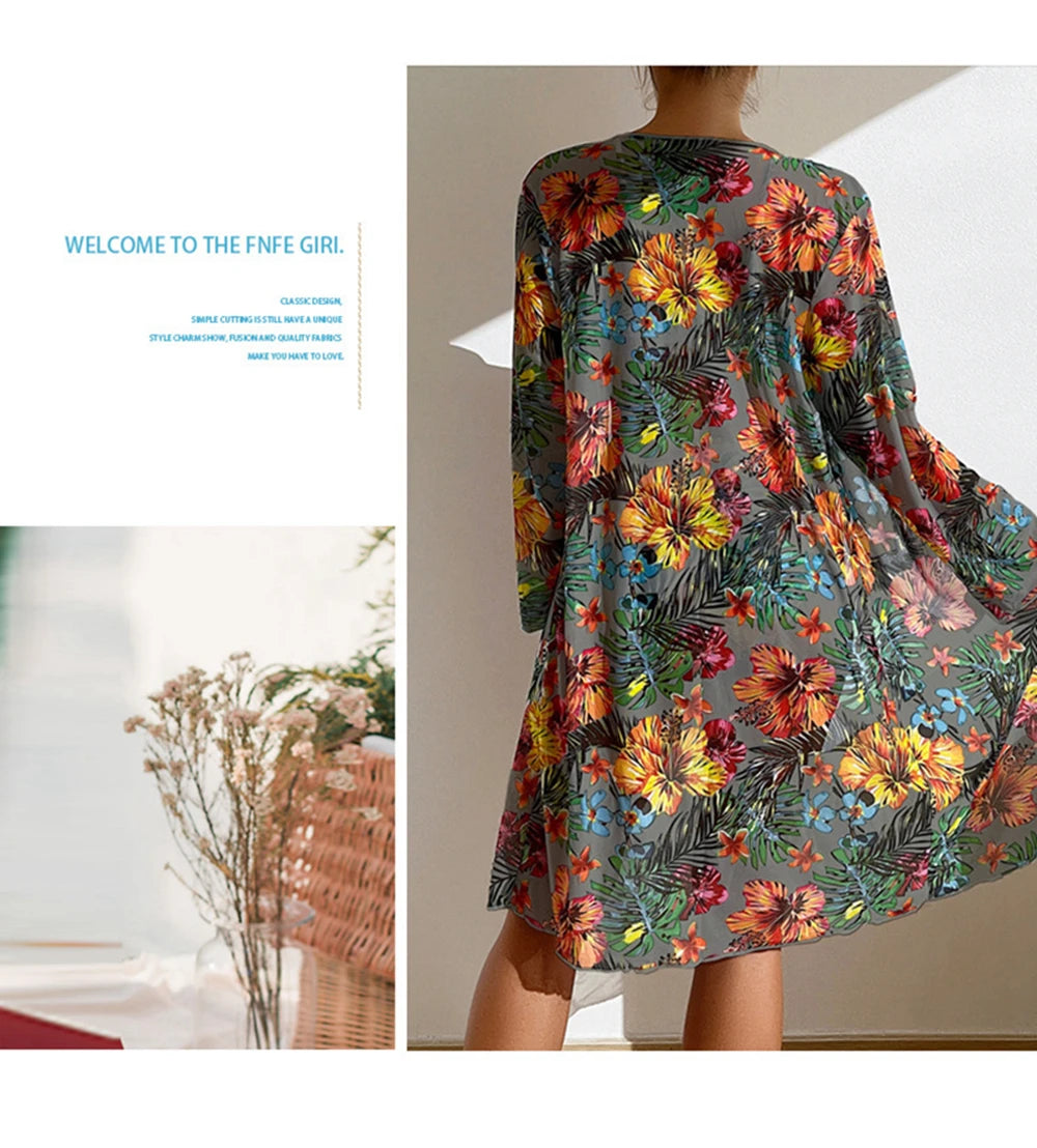 Floral Print 3 Piece Bikini Set with Mesh Blouse - Long Sleeve High Waisted Swimsuit