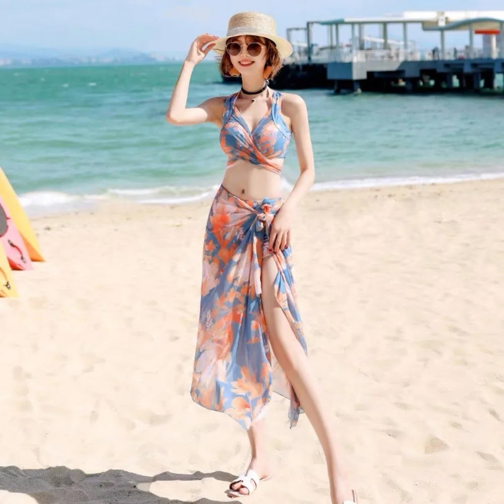 Gradient Floral 3 Piece Bikini Set - Fashion Slimming Split Style for Sun Protection