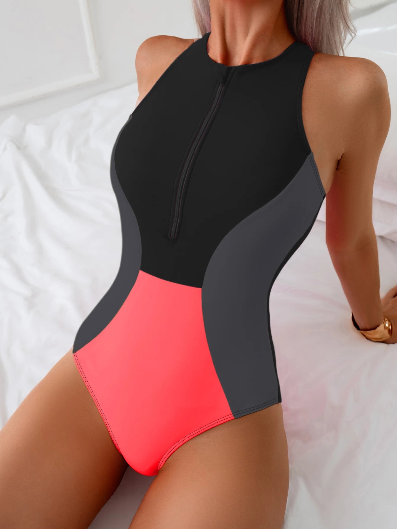 Women's Sporty Slim One Piece Swimsuit | Zipper Front Sleeveless Swimwear Up to XXL