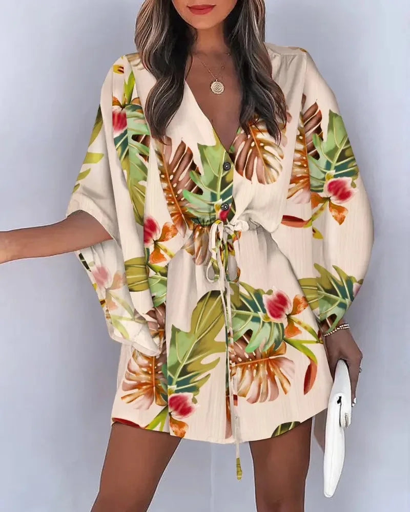 Women's Floral Print Batwing Sleeve Dress | V-Neck Ruffle Hem Boho Summer