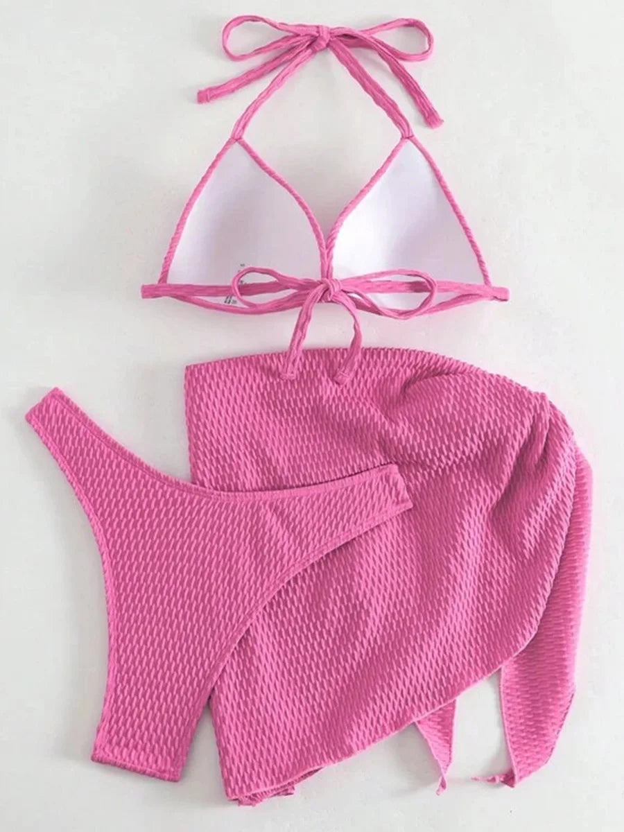 Women's 3-Piece Wrinkled Bikini Set | Push Up Swimwear with Beach Sarong