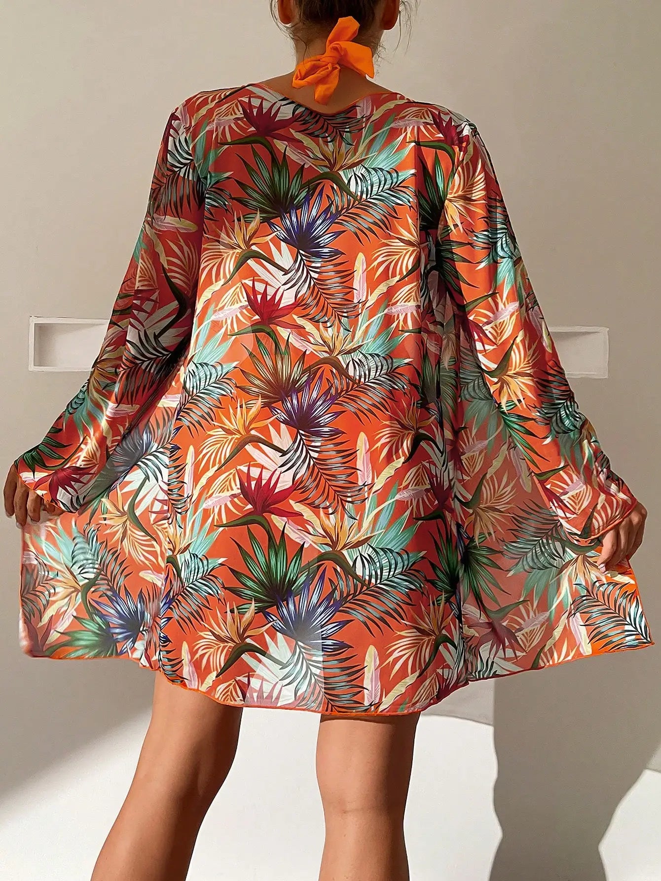 Print 3 Piece Bikini Set with Kimono - Halter High Waist Swimsuit for Women