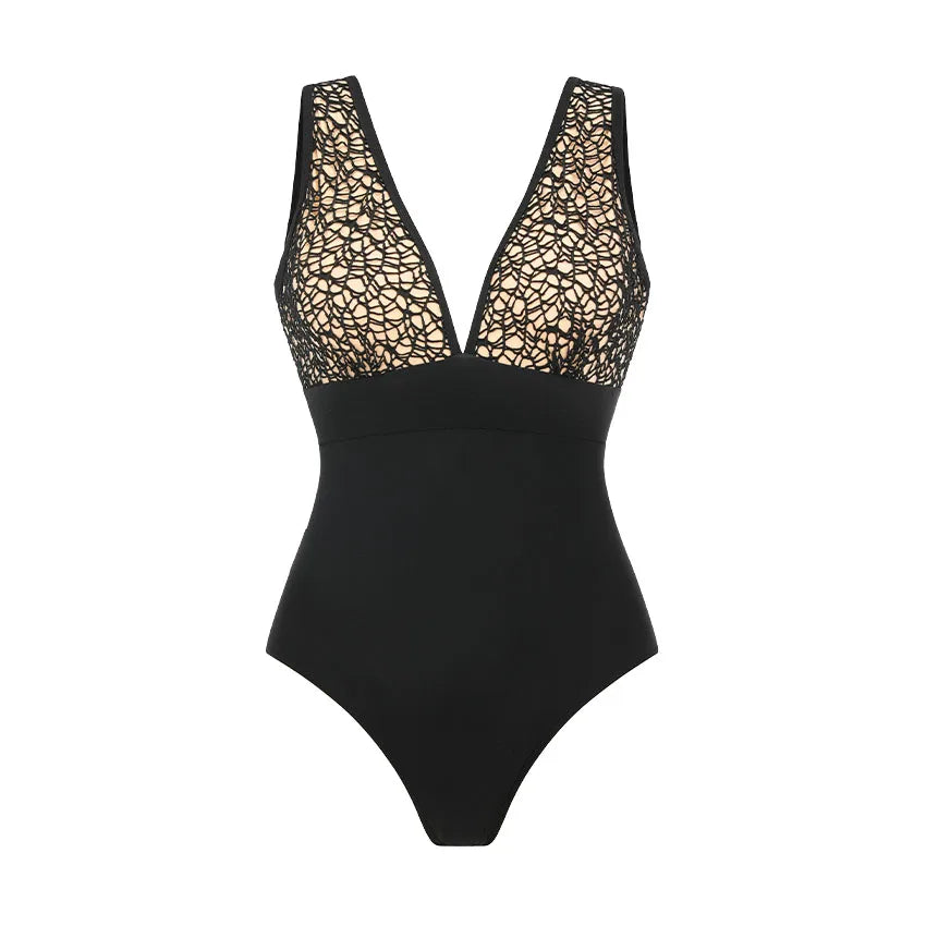Women's Black Lace Cutout Swimsuit Set | V-Neck Swimwear with Matching Skirt
