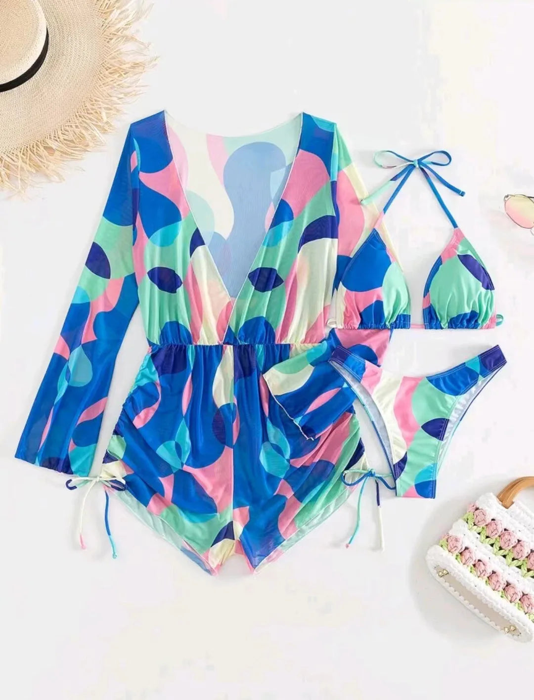 Print 3 Piece Bikini Set with Long Sleeve - Women's Cross Halter Swimwear for Beach