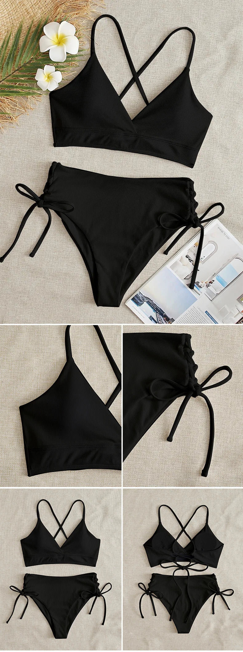 CIKINI Women's V-Neck Lace Up Bikini Set | Solid Color Triangle Swimwear