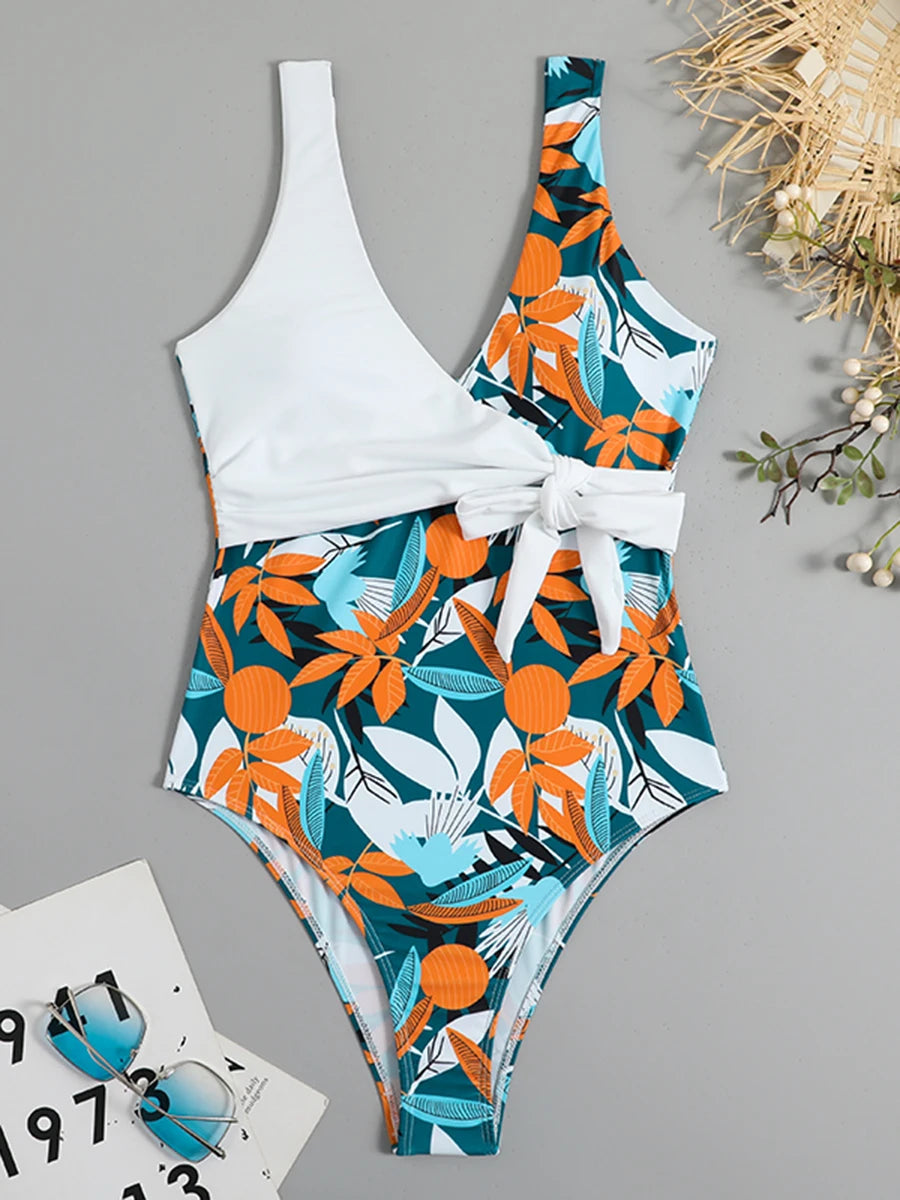 Tropical Print One Piece Swimsuit - Knot Side Belted & Padded Bathing Suit for Women
