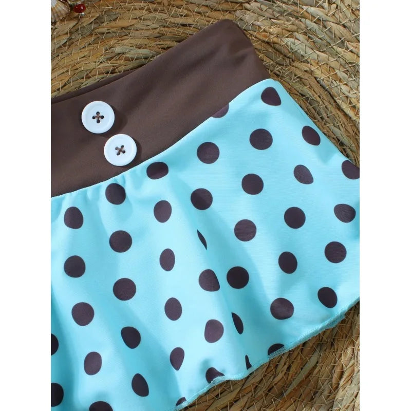 Women's Vintage Polka Dot 3-Piece Bikini Set | Ruffle Skirt Cover Up with Button Trim