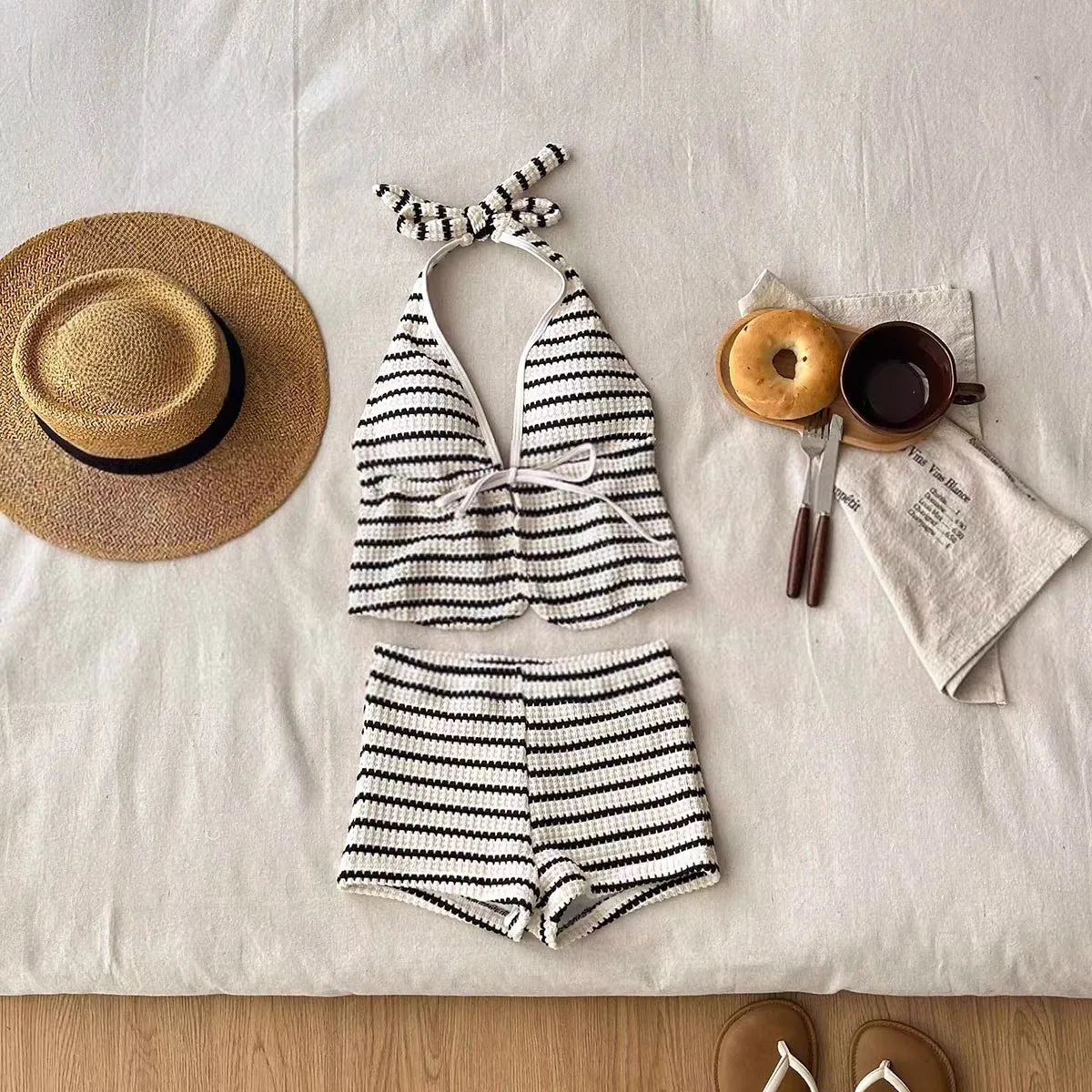 Women's Striped Knit Bikini Set | Halter Deep V Neck Two-Piece Swimsuit