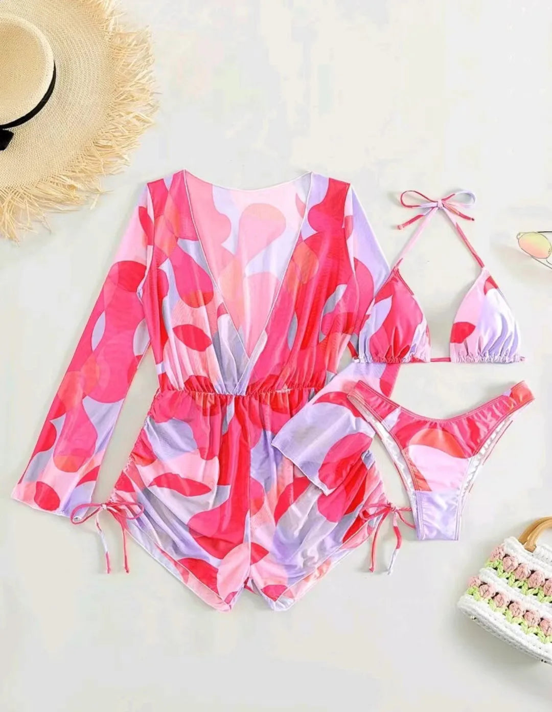 Print 3 Piece Bikini Set with Long Sleeve - Women's Cross Halter Swimwear for Beach