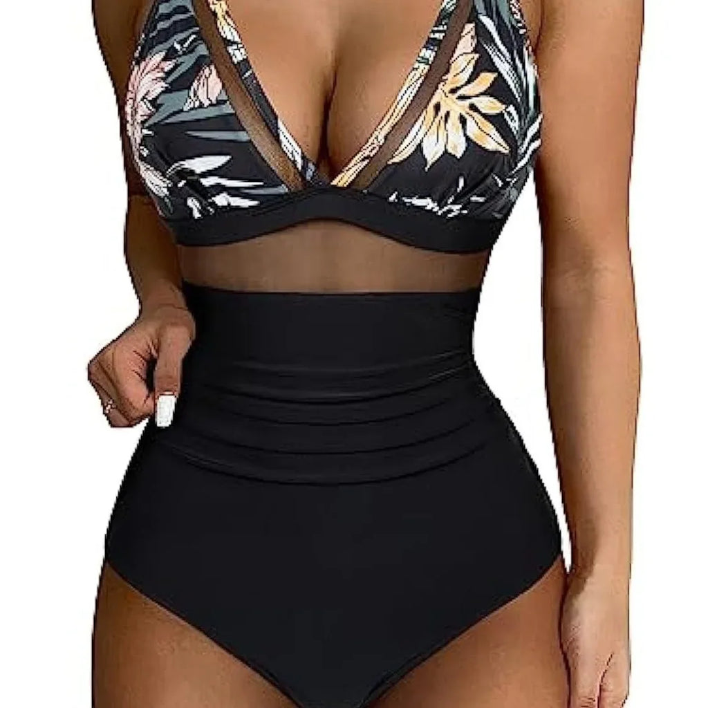 Deep V Neck One Piece Swimsuit - Removable Bra Plain Monokini for Women