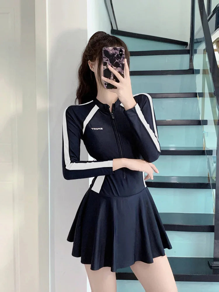 Women's Long Sleeve Swimsuit Dress | Tummy Control Conservative One-Piece Swimwear