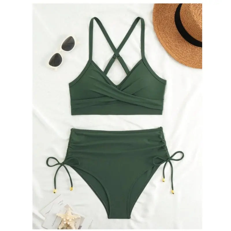 CIKINI Women's High Waist Criss-Cross Bikini Set | Metal Pendant & Adjustable Drawstring