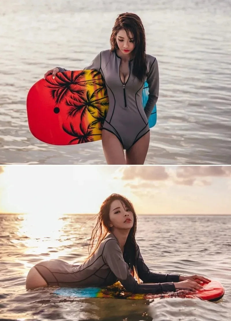 Vintage Gray One Piece Swimsuit - Long Sleeve Sporty & Slimming Sun Protection Swimwear