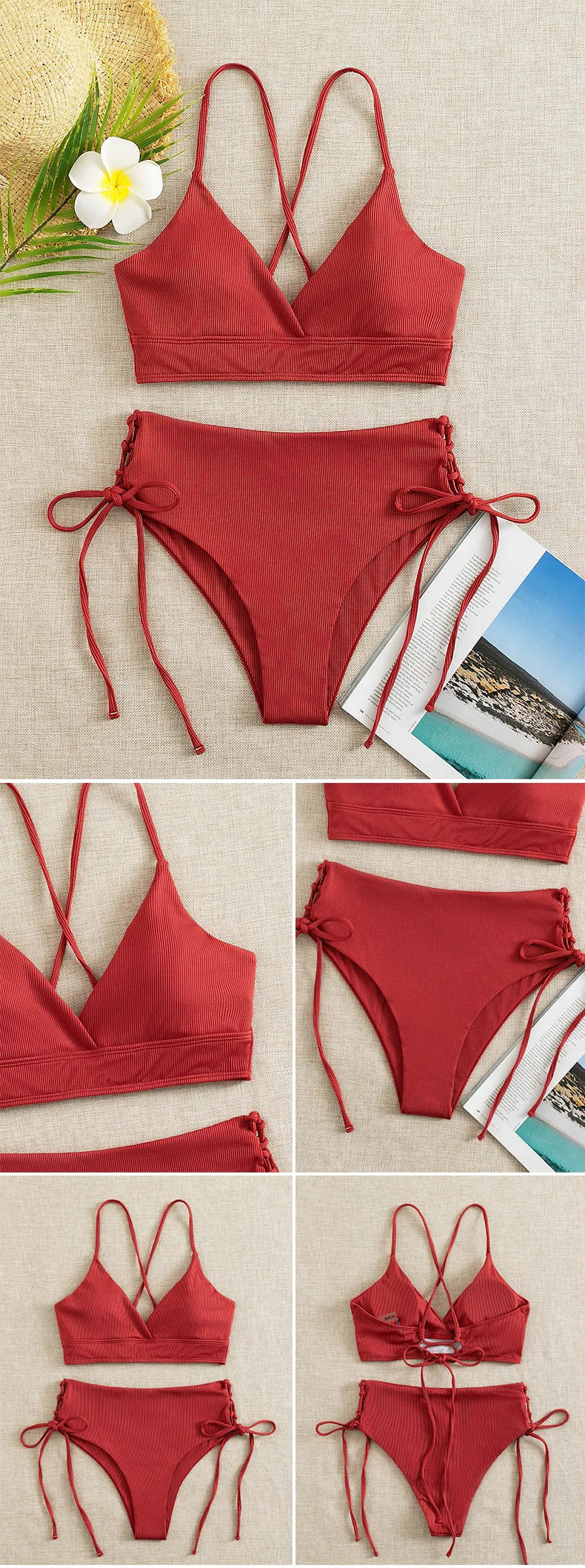 CIKINI Women's V-Neck Lace Up Bikini Set | Solid Color Triangle Swimwear
