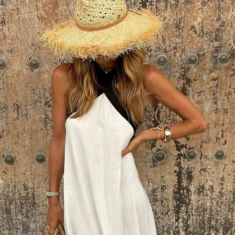 Women's Cotton Linen Maxi Dress | Hanging Neck Strapless Sleeveless Summer Style