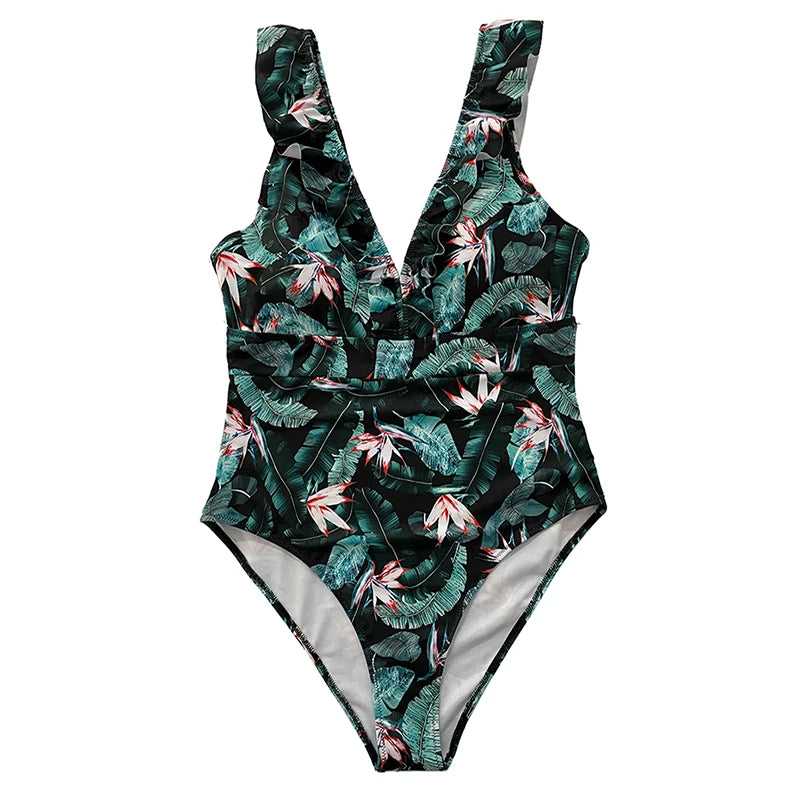 Women's Striped Ruffle One Piece Swimsuit | Vintage Print Monokini Beachwear