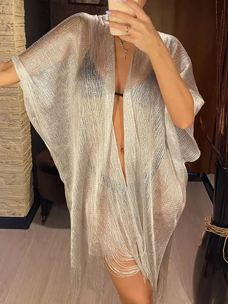 Gold Tassel Bikini Cover Up - Sexy See-Through Beach Dress Tunic for Women