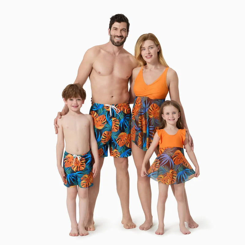 Family Matching Floral Swimwear | Drawstring Swim Trunks & Mesh One-Piece Swimsuit