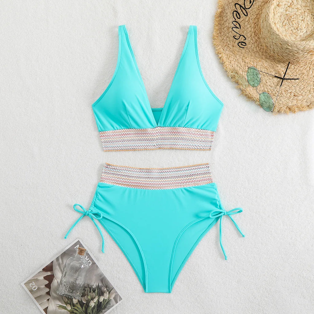 Solid Color Drawstring Bikini Set - High Waist Patchwork Separate Swimwear for Women