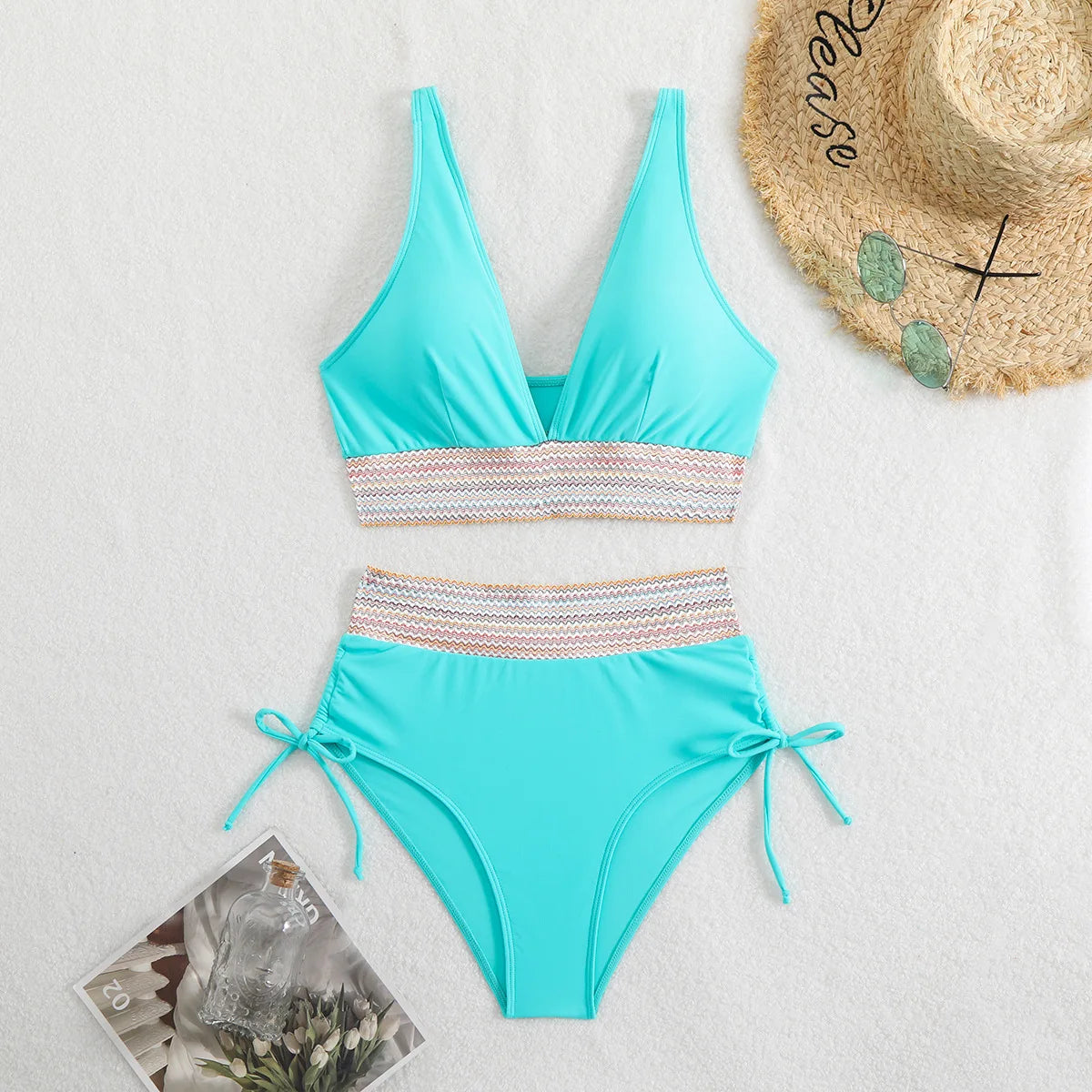 Solid Color Drawstring Bikini Set - High Waist Patchwork Separate Swimwear for Women