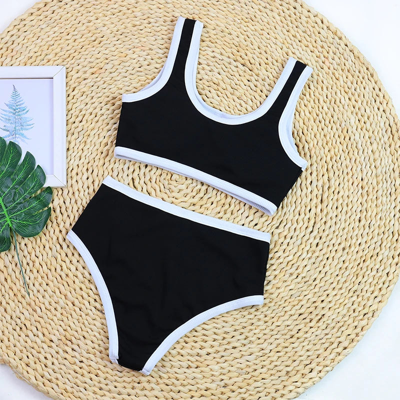 Women's High Waist Ribbed Bikini Set | Two-Piece Swimwear with Shorts