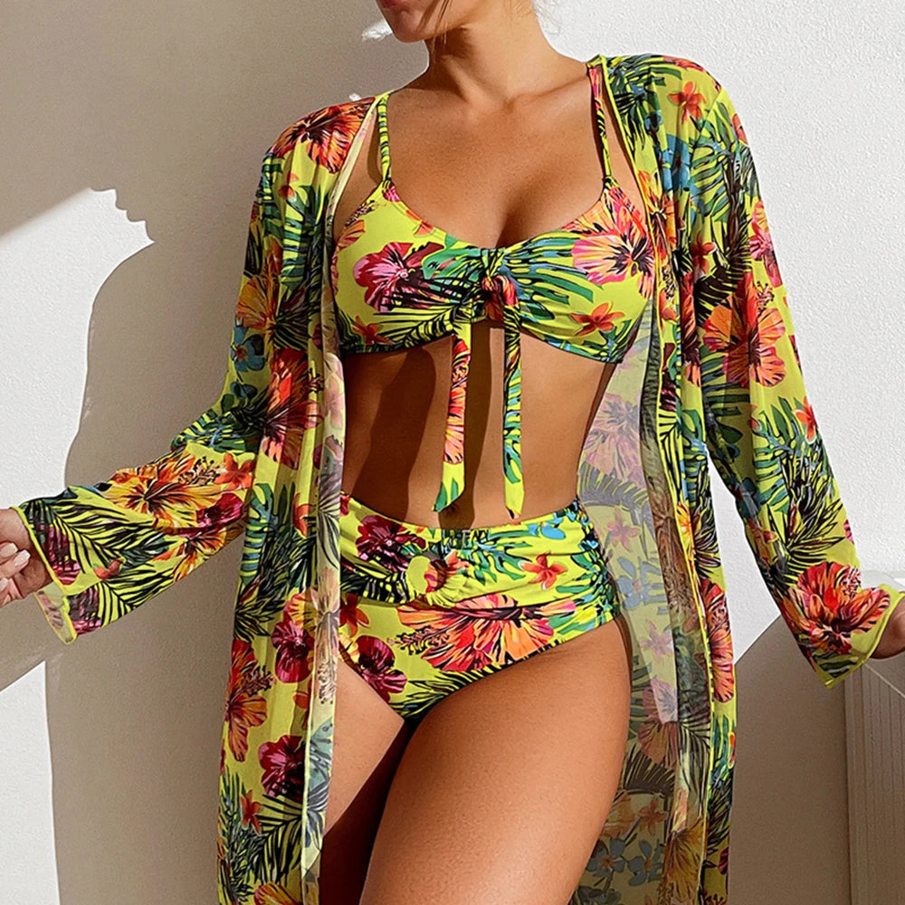 Floral Print 3 Piece Bikini Set with Mesh Blouse - Long Sleeve High Waisted Swimsuit
