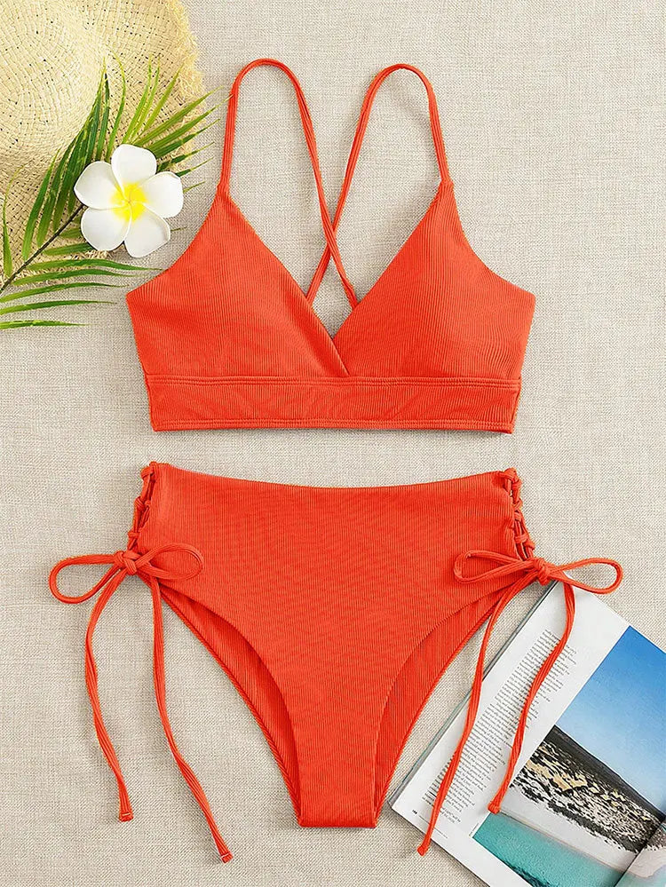 CIKINI Women's V-Neck Lace Up Bikini Set | Solid Color Triangle Swimwear