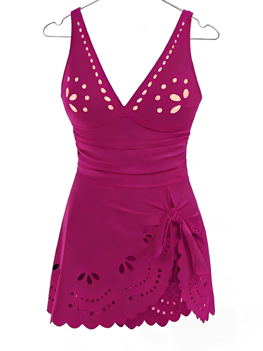 Women's V-Neck Hollow One Piece Swimsuit | Solid Beach Dress Swimwear Up to XXL