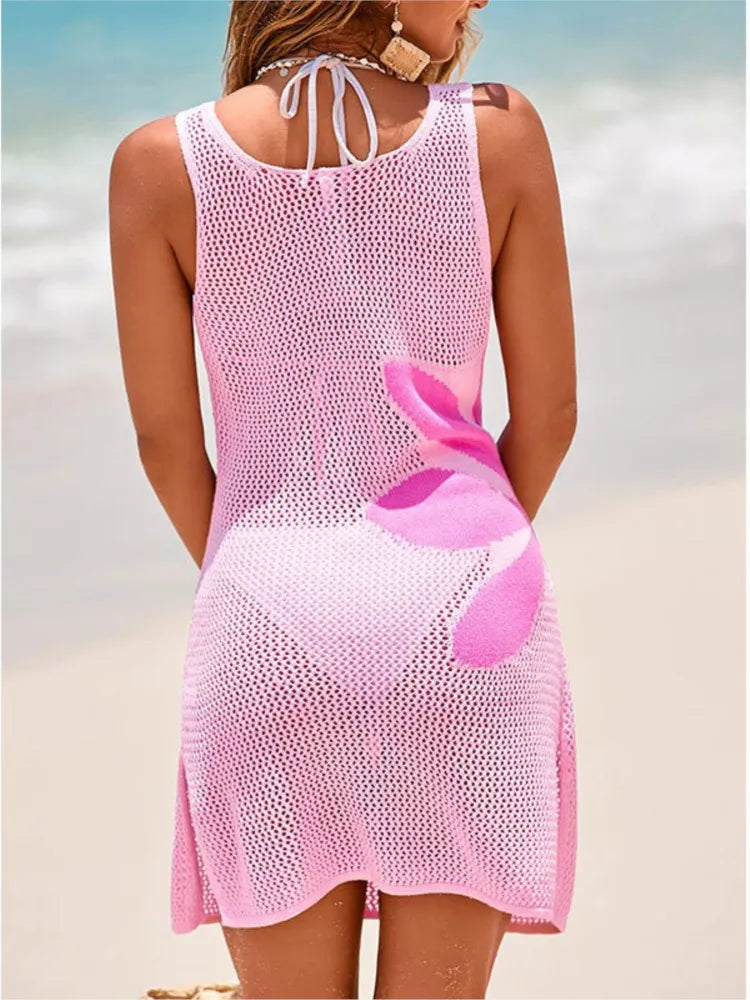 Women's Knit Hollow Out Beach Cover Up Dress | O-Neck Sleeveless Beachwear