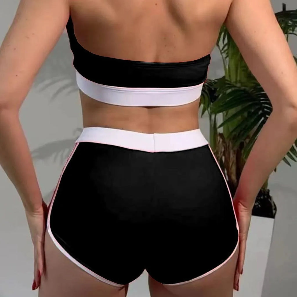 Women's Color Block Halter Bikini Set | Drawstring Shorts & Contrast Waistband Swimwear