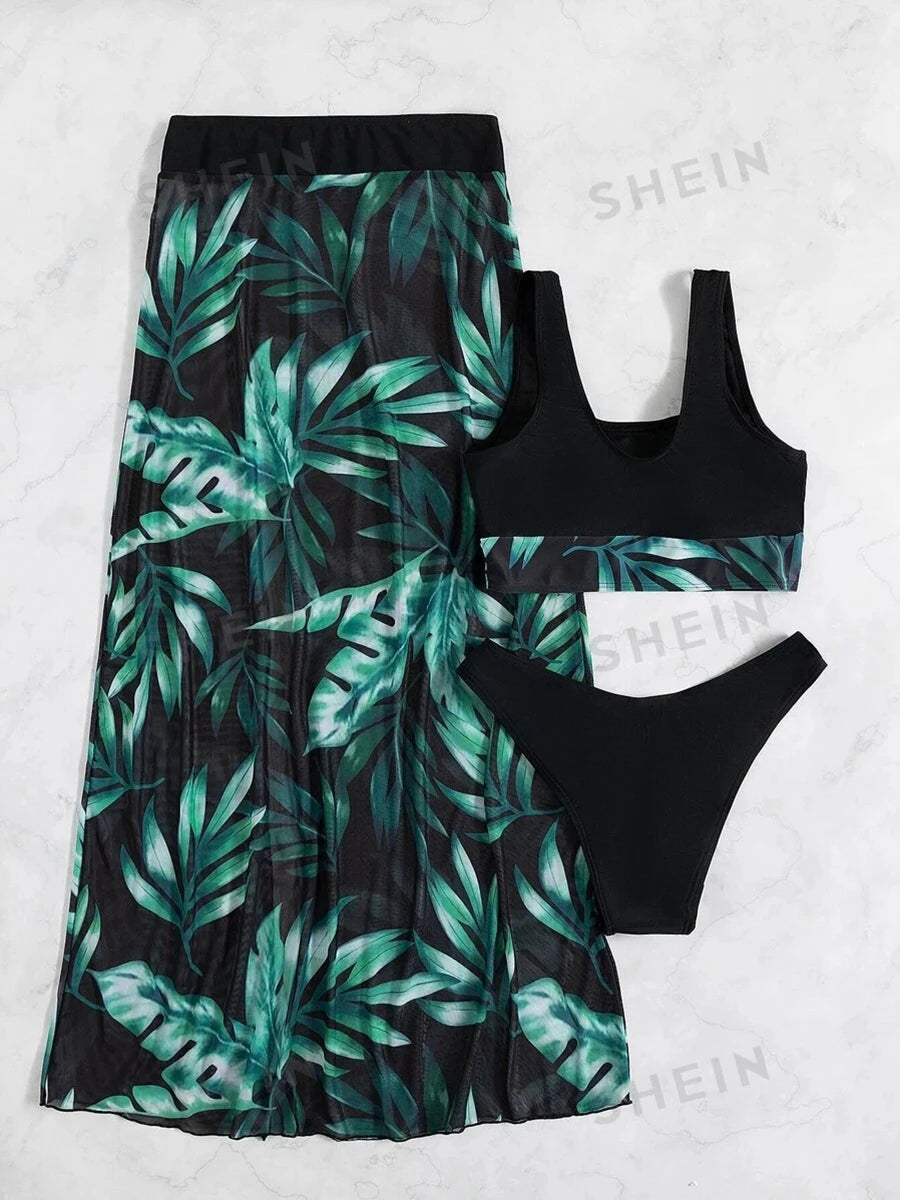 Print 3 Piece Bikini Set with Long Skirt - Women's Vent Swimsuit for Beach & Swimming