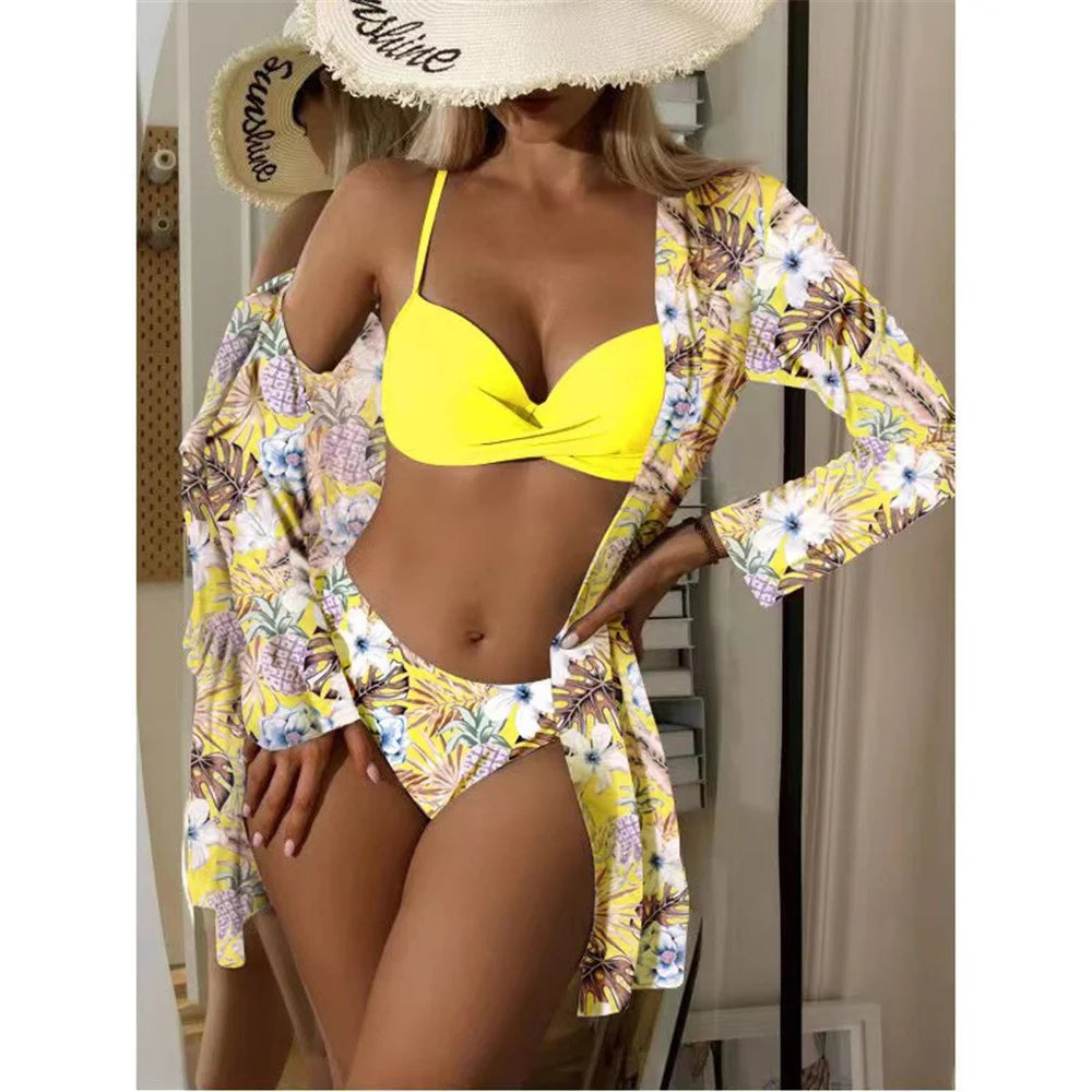 Women's Print 3 Piece Bikini Set - Push Up Twist Swimsuit with Long Sleeve Cover Up