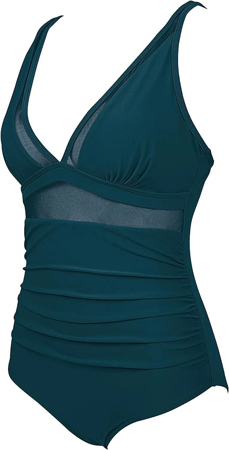 Deep V Neck One Piece Swimsuit - Removable Bra Plain Monokini for Women