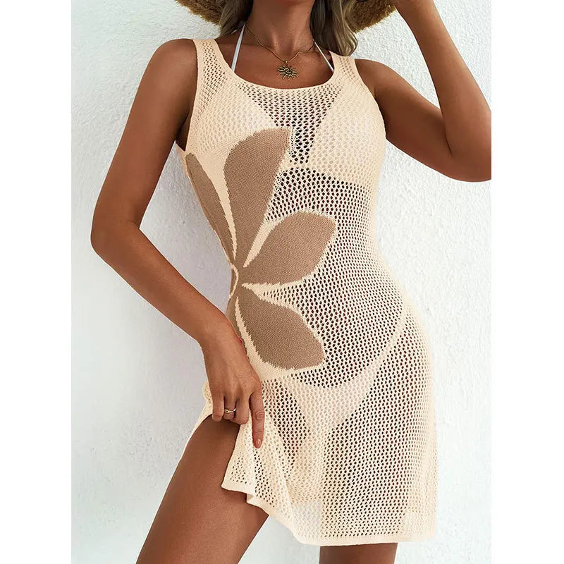 Women's Knit Hollow Out Beach Cover Up Dress | O-Neck Sleeveless Beachwear