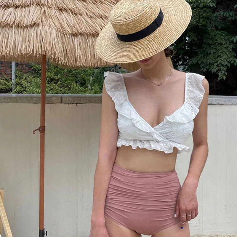 Women's High Waist Bikini Set | Flounce Bottom with Slimming Folded Design