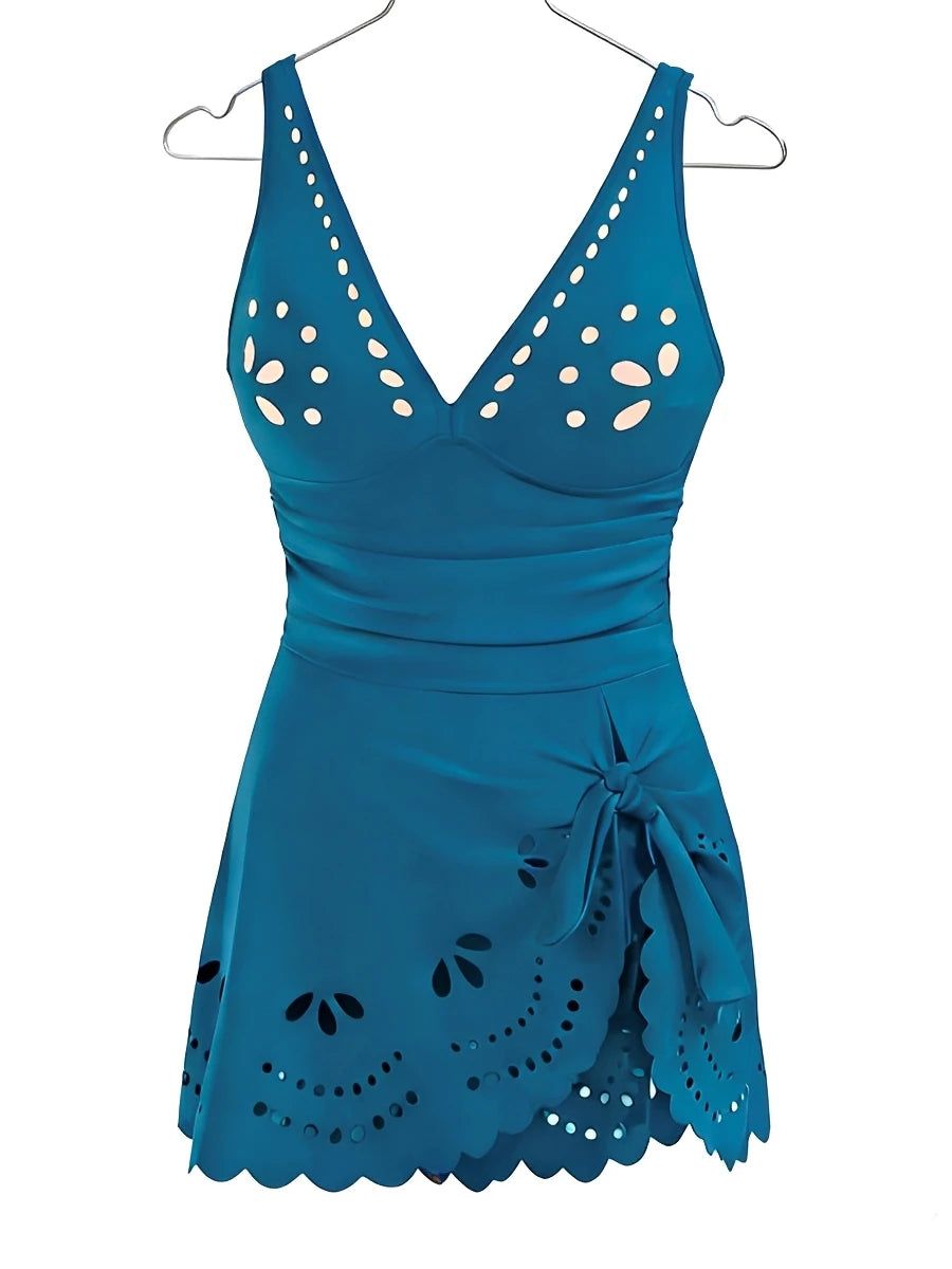 Women's V-Neck Hollow One Piece Swimsuit | Solid Beach Dress Swimwear Up to XXL