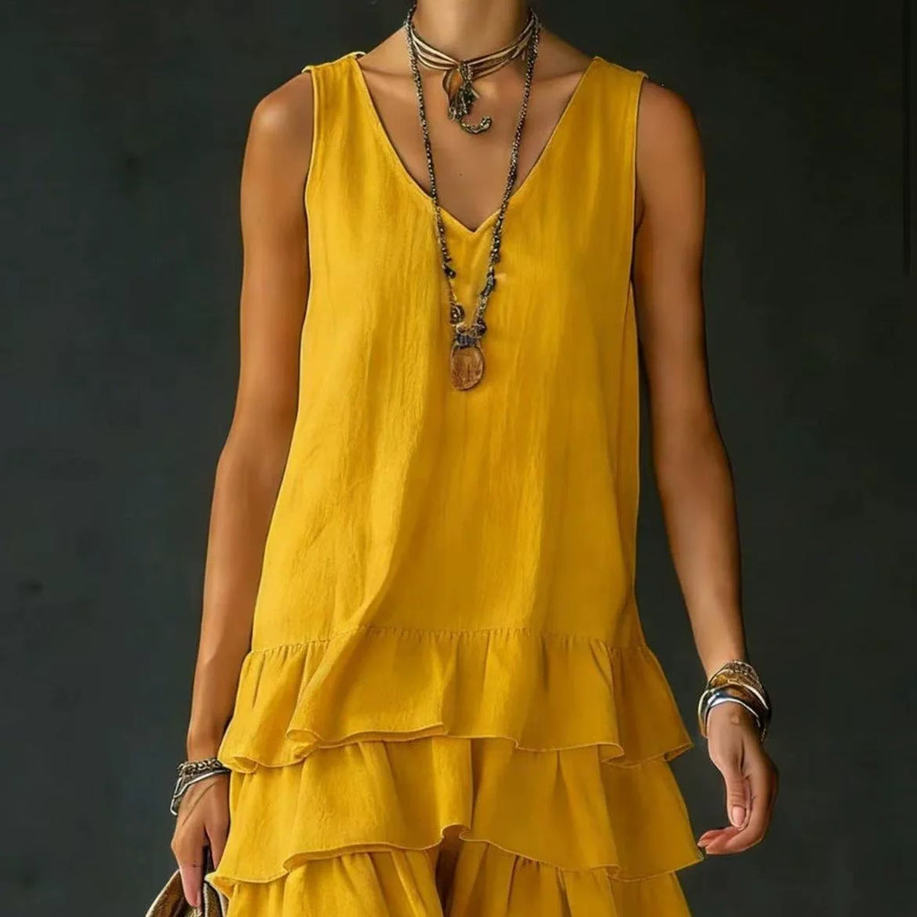 Women's V-Neck Sleeveless Solid Dress | Loose Ruffle Hem Casual Summer Wear
