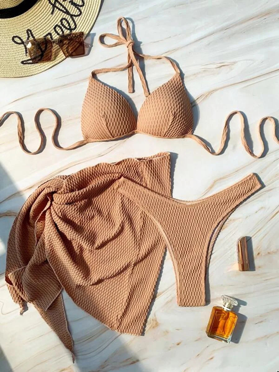 Women's 3-Piece Wrinkled Bikini Set | Push Up Swimwear with Beach Sarong