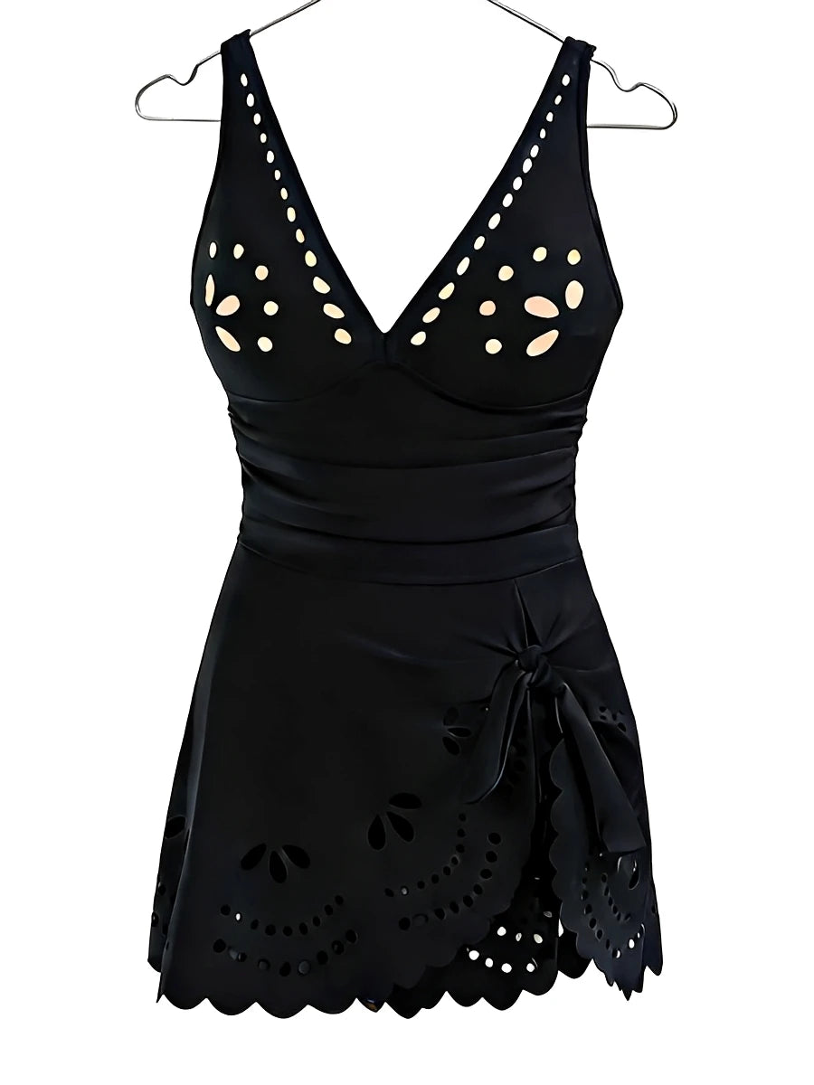 Women's V-Neck Hollow One Piece Swimsuit | Solid Beach Dress Swimwear Up to XXL
