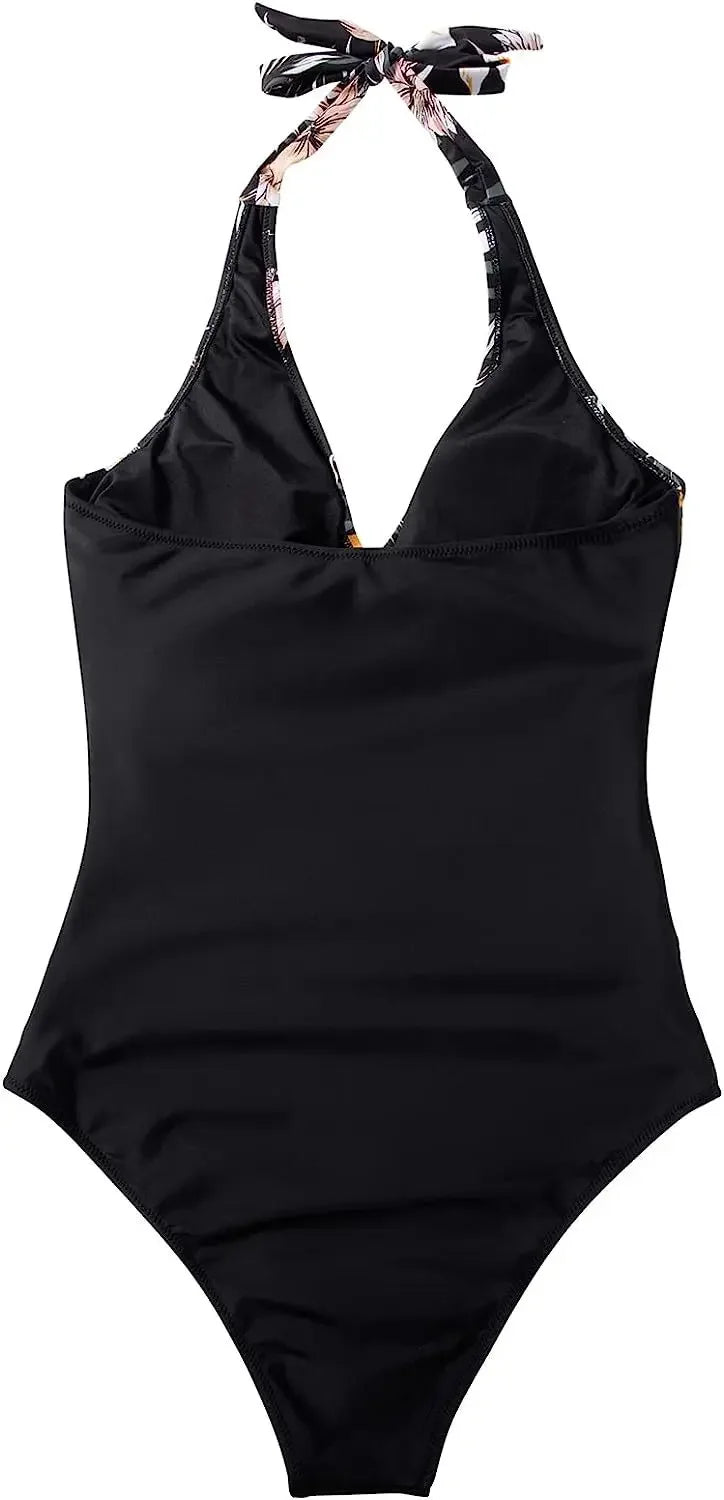 Women's Wrinkled Halter One Piece Swimsuit | V Neck Backless Monokini S-XXL