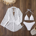 Women's 3-Piece Mesh Bikini Set | Long Sleeve Cover Up with Pearl Straps