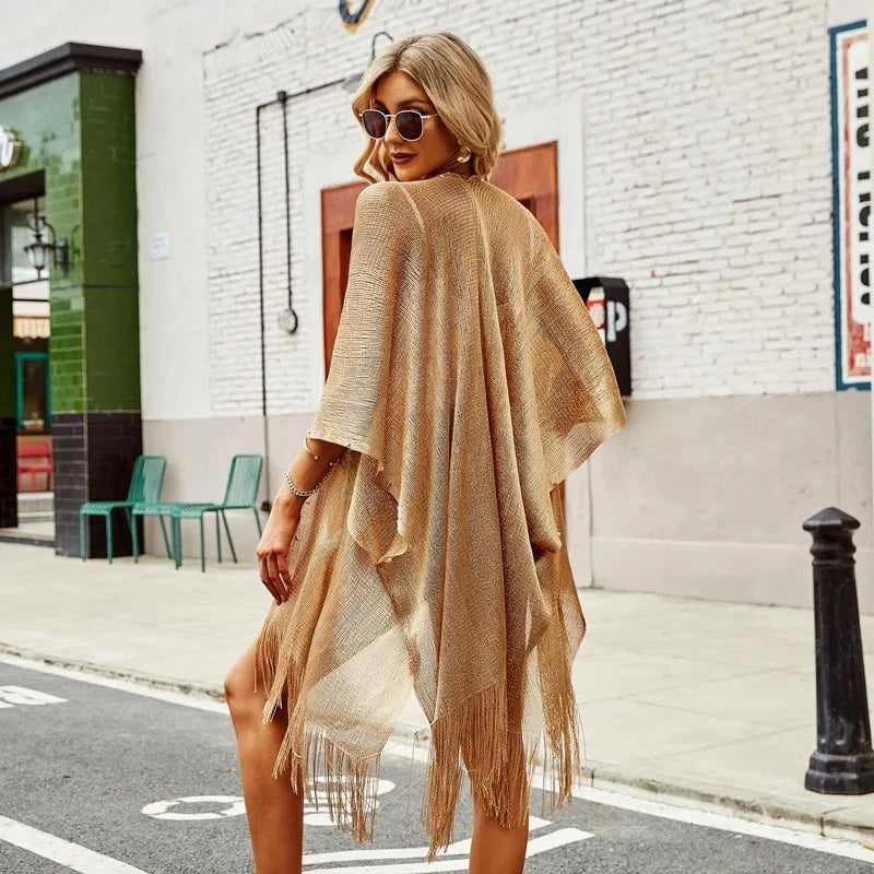Gold Tassel Bikini Cover Up - Sexy See-Through Beach Dress Tunic for Women