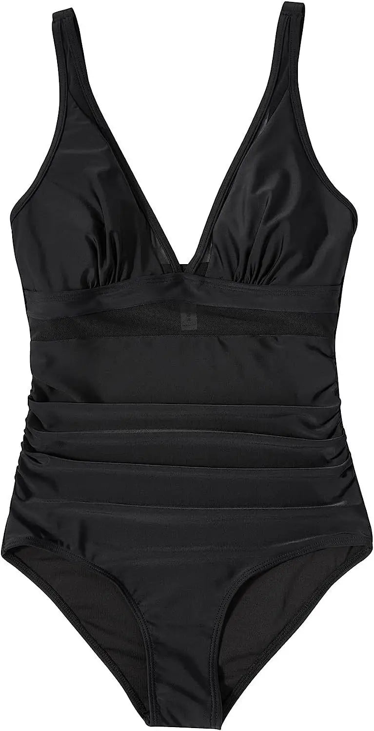 Deep V Neck One Piece Swimsuit - Removable Bra Plain Monokini for Women