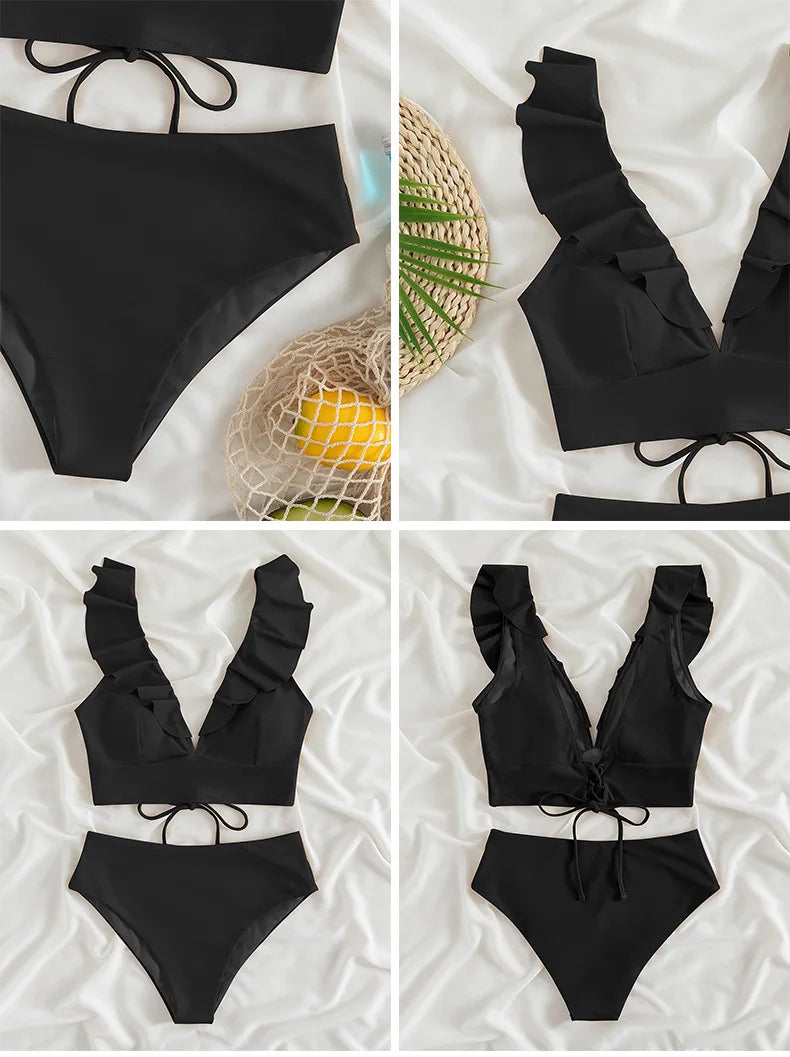 Women's High Waist Ruffle Bikini Set | V-Neck Push Up Two Piece Swimsuit